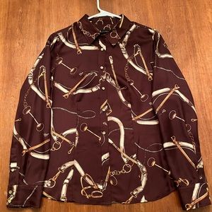 Talbots silk equestrian derby brown button front blouse